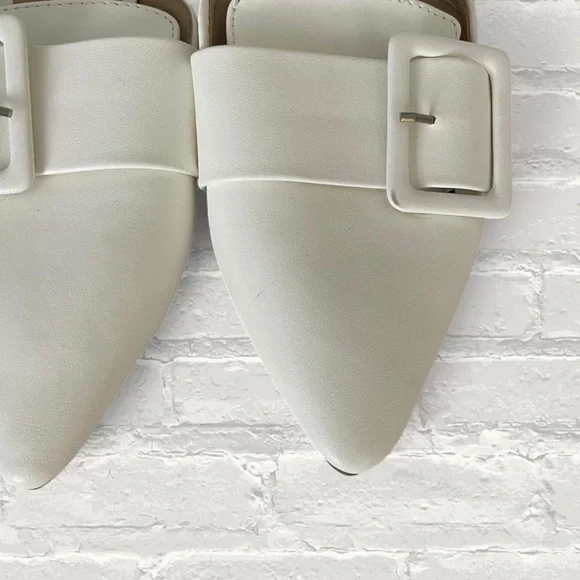 White Pointed Toe Buckle Mules - Picture 2 of 4